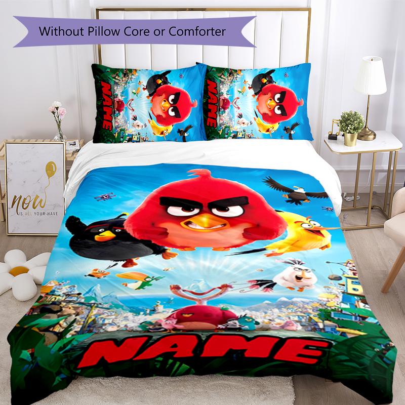 3pcs Custom Name Angry Birds game Bedding Set Duvet Cover Closure Includes 1 Duvet Cover & 2 Pillowcases for All Seasons Bedroom Decor