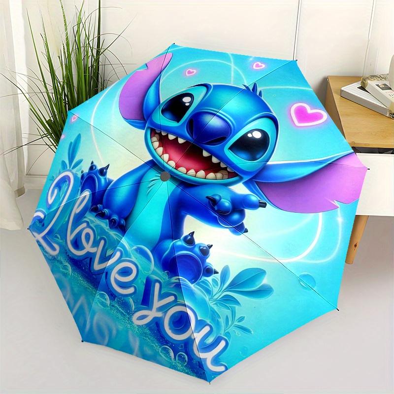 Stitch,Love Automatic Folding Umbrella - Simple 8-Rib Design, Bright Cartoon Pattern, Durable Iron Frame, Suitable For Travel, Outdoor, Beac