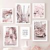 Pink Paris Tower Canvas Paitning Poster And Prints Window Sill Flower Car Bike Nordic Wall Art Pictures For Living Room Decor