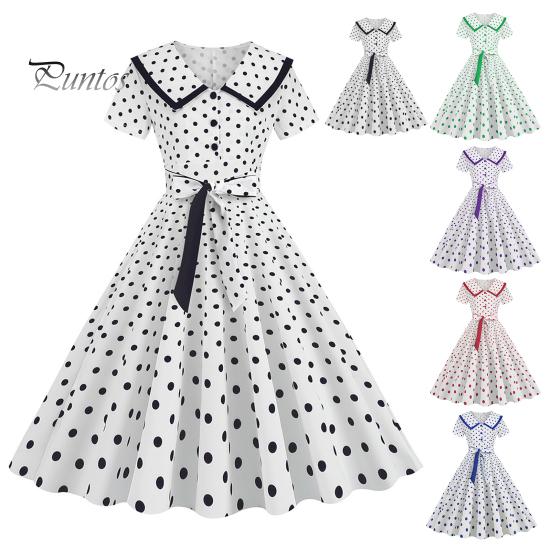 Женское праздничное платье Vinatge, большой подол, контрастный цвет, точечный принт, высокая талия с поясом, молния сзади, короткий рукав, кукольный воротник, 50-е, 60-е годы, выпускной, свадьба, принцесса