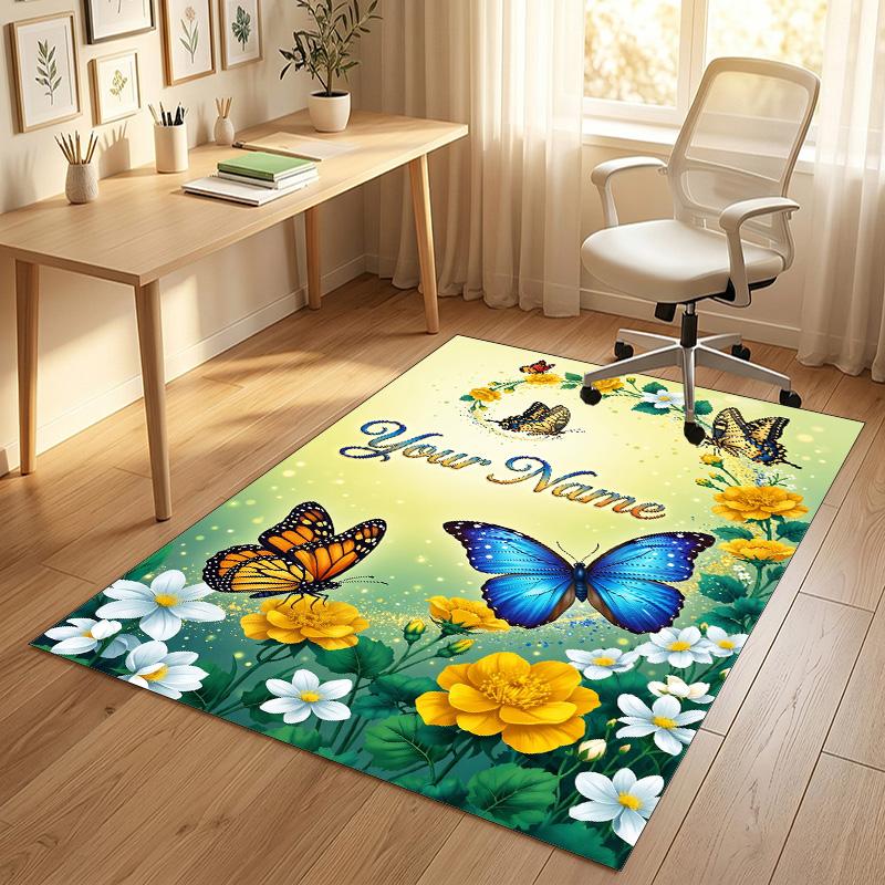 Butterfly Theme Crystal Velvet Rug Personalized Custom Name Text Soft Floor Mat Home Decor