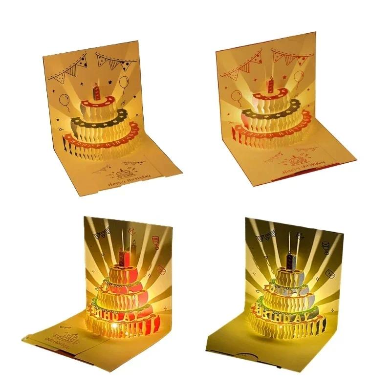 3D Musical Birthday Cake Card LED Light Pop-Up Greeting Cards with Envelope for All Occasion Girl Kid Wife Postcards