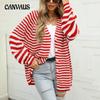 Autumn and Winter Women's Tide Striped Knitted Plus Size Loose Lazy Single-breasted V-neck Cardigan Sweater