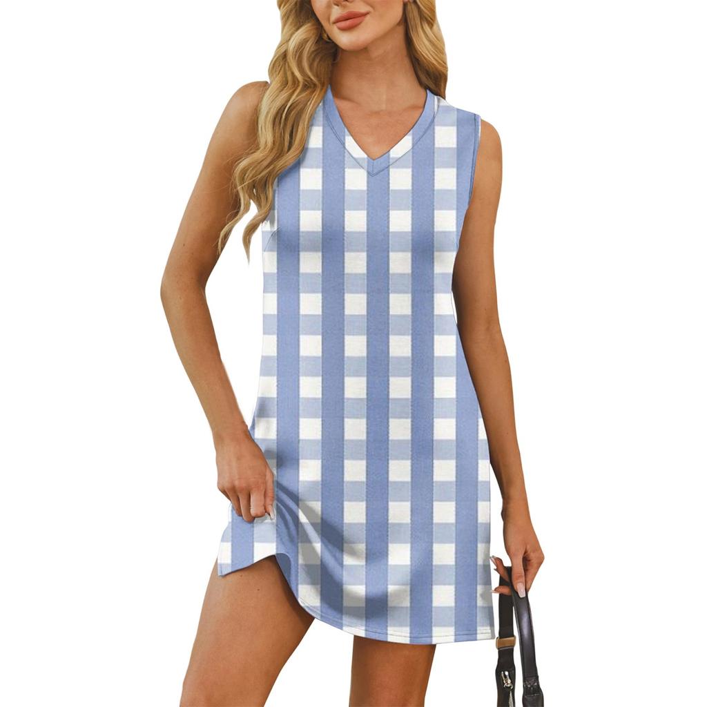 Женский летний повседневный сарафан без рукавов с V-образным вырезом и принтом в клетку для пляжного отдыха