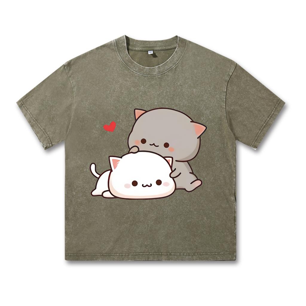 Футболка с аниме Kawaii Girl, флисовая футболка Harajuku, свободный повседневный свитер, милая парная футболка для подарка на День святого Валентина, винтажная футболка в стиле ретро с эффектом потертости