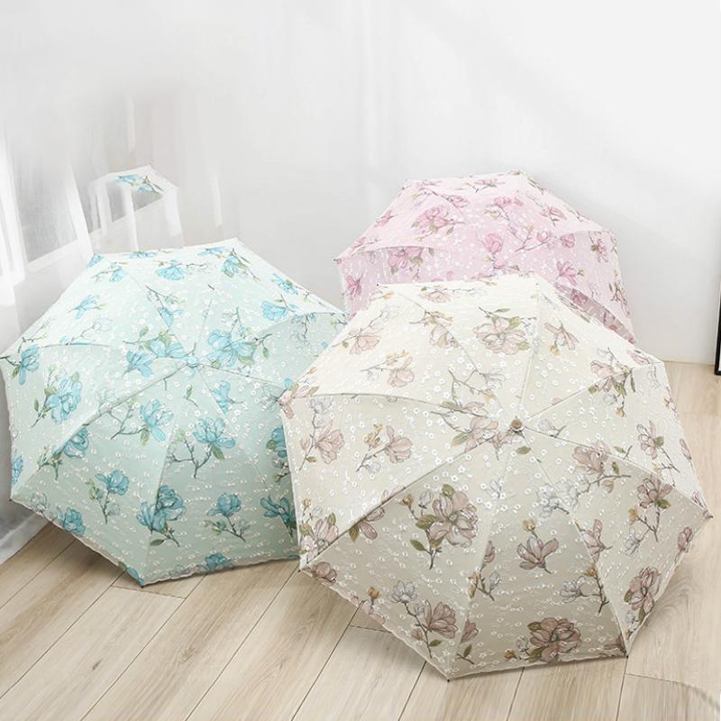 Lace Embroidery Umbrella Lady Sunshade Black Rubber Three Folding Princess Sweet Lace Parasol Anti-uv Sun/ Rain Umbrellas
