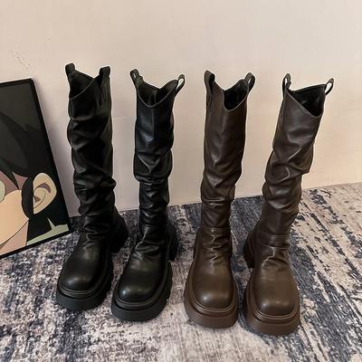 Высокие сапоги 2025 женские длинные голенища складки гармошкой новые корейские рыцарские сапоги, но ботфорты летне-осенние толстая подошва стройнят