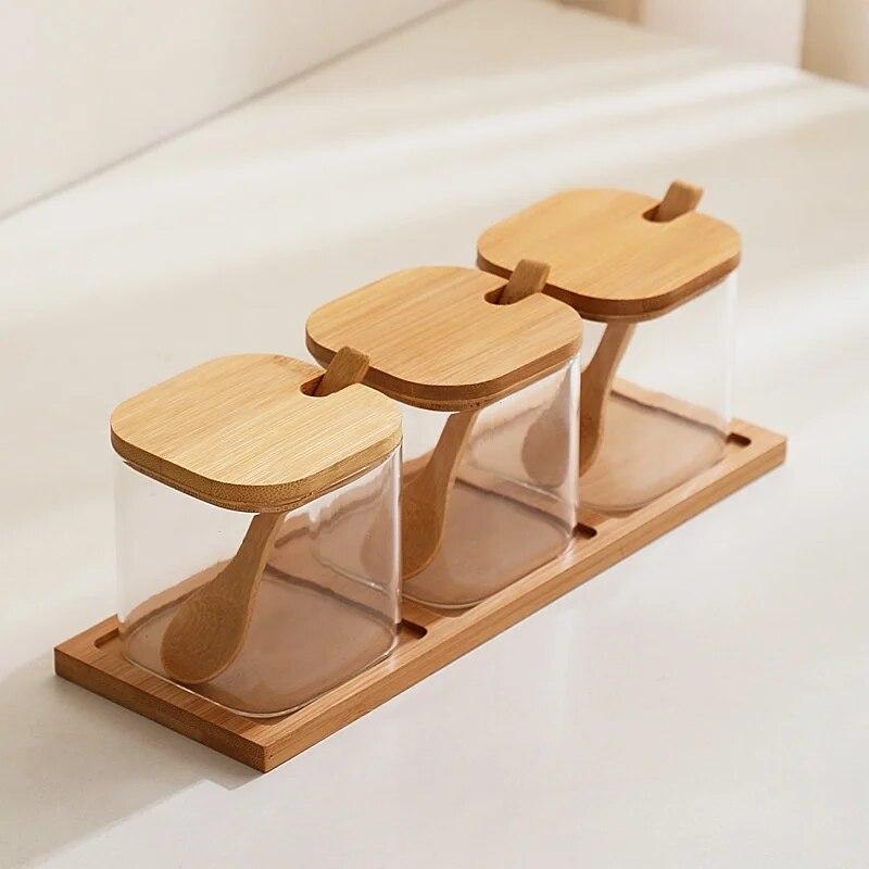 3pcs Set Glass Seasoning Jars with Bamboo Lid Spoon and Storage Tray Salt Sugar Spices Food Storage Container Kitchen Oraganizer