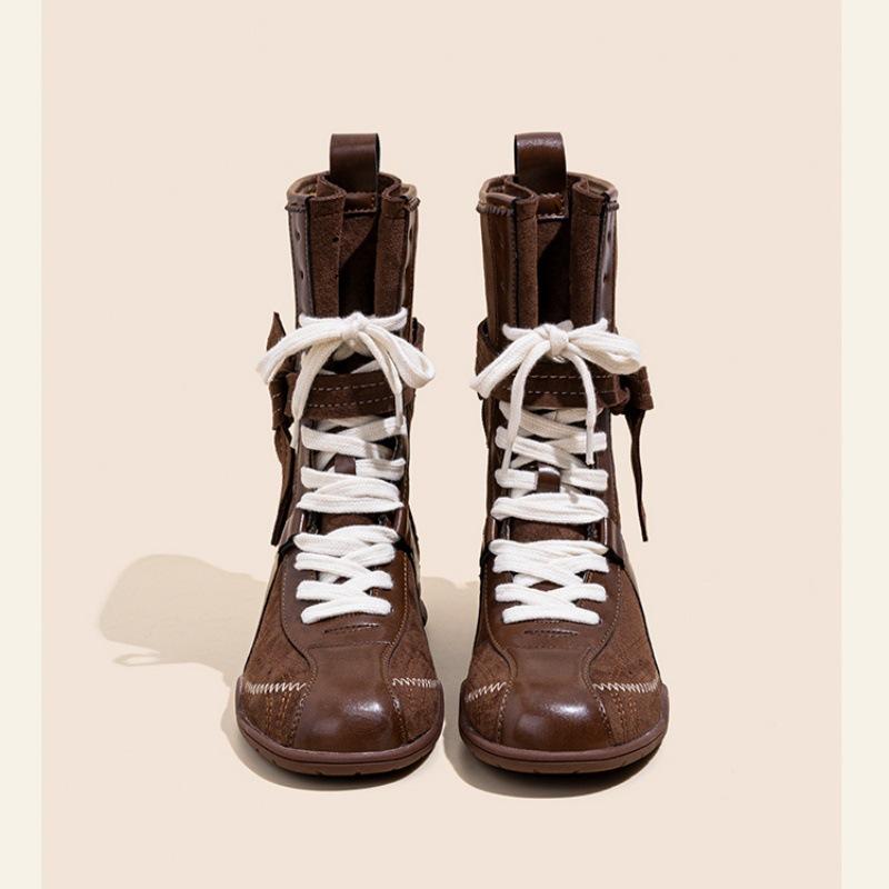 Vintage Versatile Frosted Leather Boxing Boots Women's Strap Side Zipper Outside Wear Mountaineering Dexun Martin Boots Motorcycle Boots