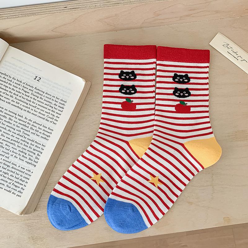 Осенние женские носки, носки до середины икры, махровые носки с мультяшным котом, студенческие носки для женщин