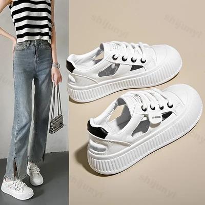 Мода 2025 лето новые туфли кэжуал на плоской подошве с вырезами для женщин модный комфорт толстая подошва кроссовки на шнуровке женские Zapatos De Mujer