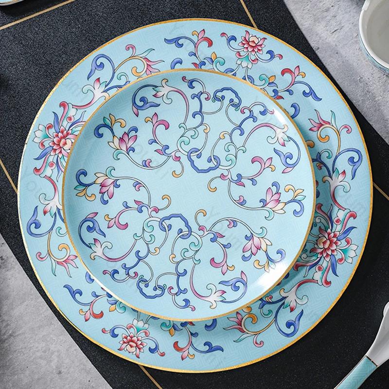Ретро эмалированные цветные обеденные тарелки, легкие роскошные креативные миски и наборы тарелок для отелей, изысканные блюда, бытовая керамическая тарелка