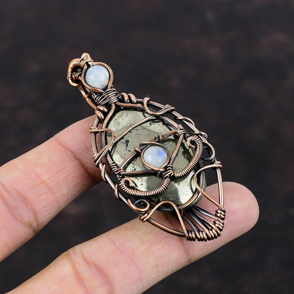 Подвеска с пиритом от сглаза Медная проволока Кулон Радуга Ювелирные изделия из лунного камня Подвеска из драгоценного камня ручной работы Подарок для мамы Медные дизайнерские украшения