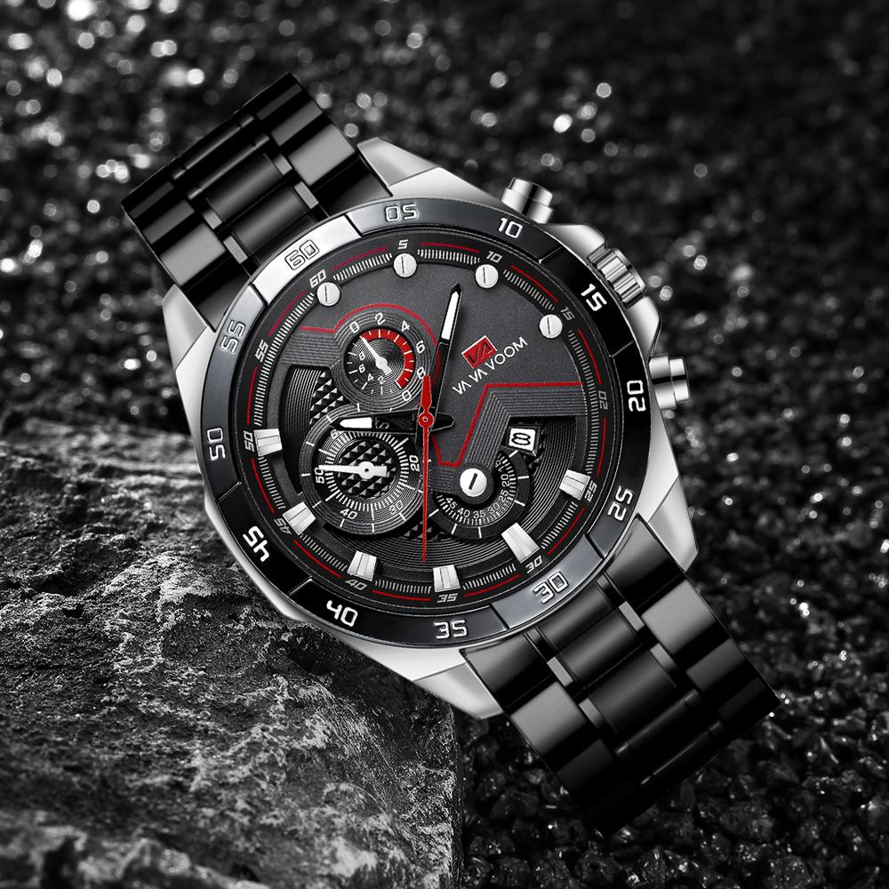 VA VA VOOM Спортивные часы для мужчин, модные кварцевые часы, лучший бренд класса люкс в стиле милитари, водонепроницаемые наручные часы из нержавеющей стали с хронографом и кожаным ремешком