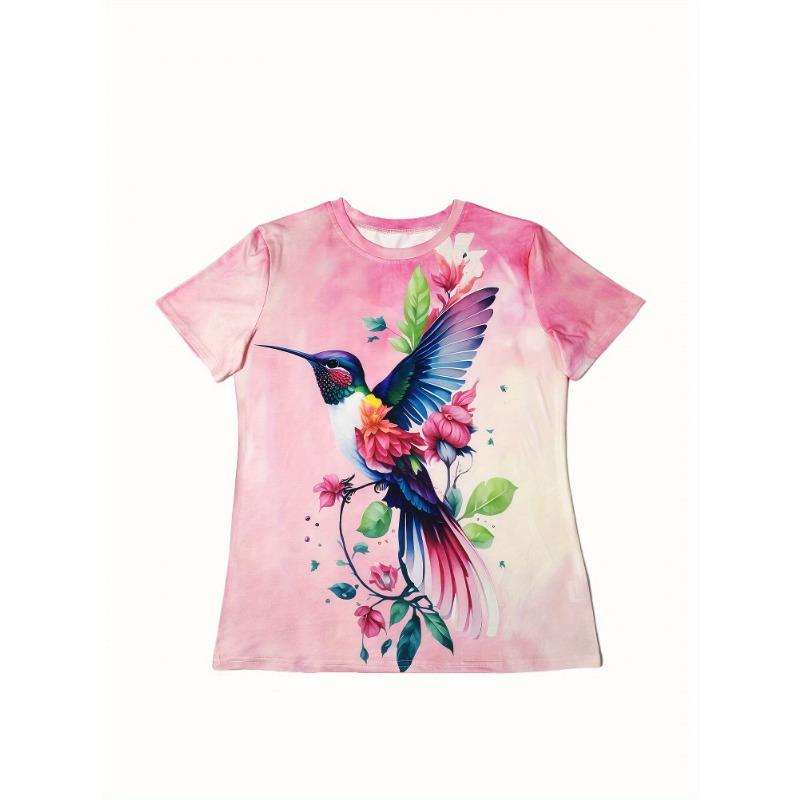 Розовая футболка с tie-dye для женщин - Колибри и Цветочный Графический Дизайн, Яркий Тропический Птичий Принт для Повседневной Носки