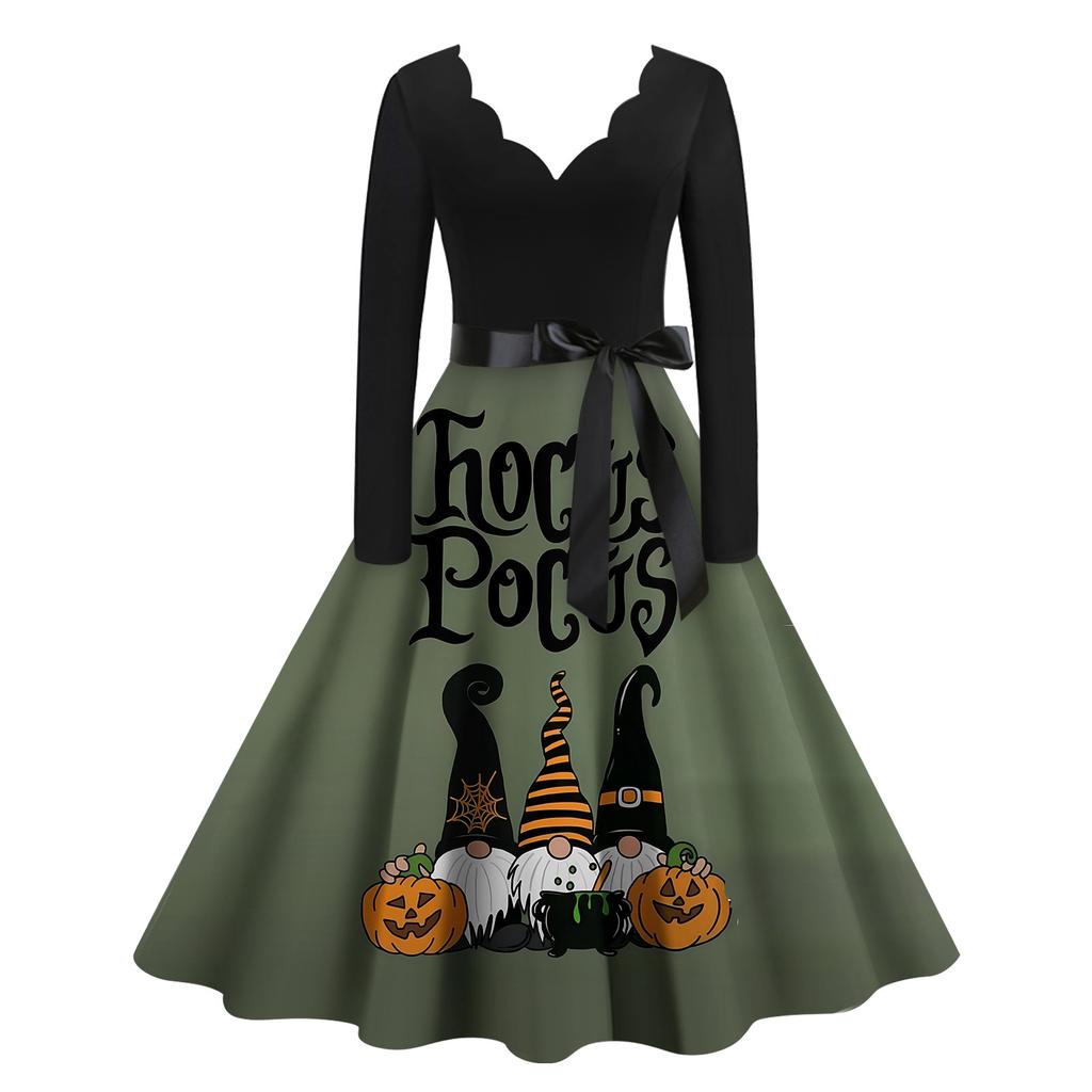 Хэллоуин Женское Повседневное Модное Платье с V-образным Вырезом и Принтом В Винтажном Стиле