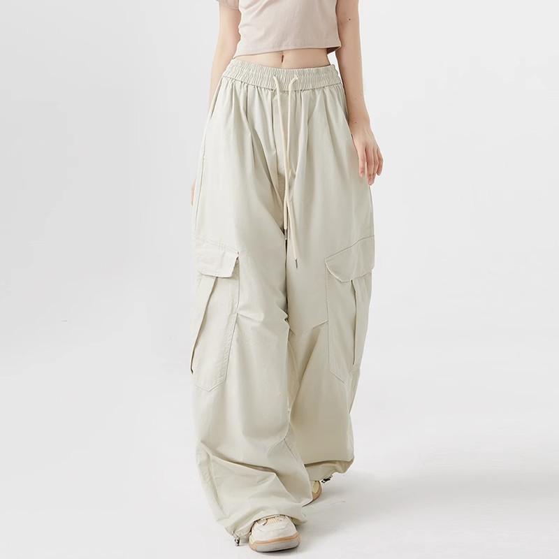 Women Big Pockets Cargo Pants Y2k High Elastic Waist Drawstring Baggy Trousers Vintage Casual Loose Wide Leg Straight Pants
