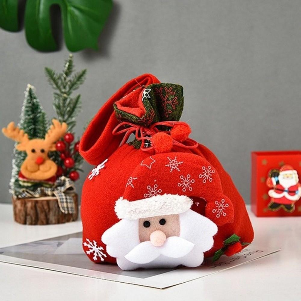 Cute Drawstring Closure Christmas Gift Bag Flannel Santa Snowman Santa Gift Bag Candy Pouch Xmas Gift Package Christmas Eve