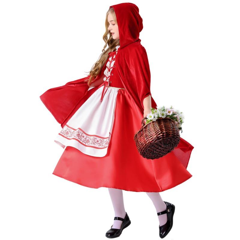 Halloween Costume Girls Red Riding Hood Cosplay Dress Theater Performance Outfit With Lace Trim Pleated Satin