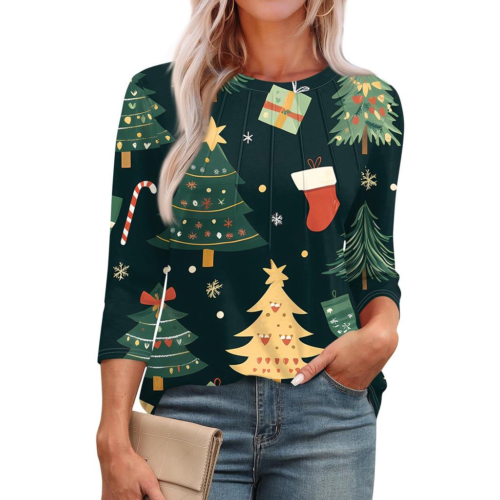 Женская модная футболка с круглым вырезом и рукавом 3/4 с рождественскими принтами, повседневная базовая плиссированная футболка-пуловер