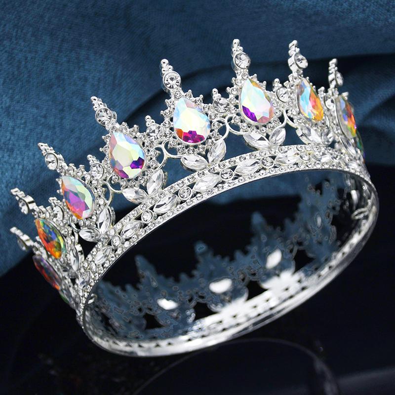 Baroque Round Crown for Bridal Wedding Royal Queen King Tiara Birthday Party Performance Head Accessories Diadem Jewelry