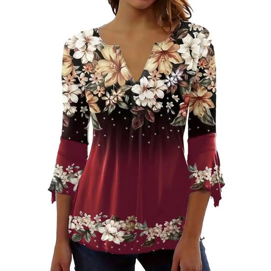 Women T-Shirt V-neck 3/4 Sleeve Pullover Tops Floral Print Lightweight Breathable Casual Tops Streetwear