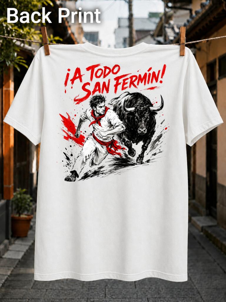 Испанский Todo San Fermin Бег Унисекс И Бык в Атаке с Красными Акцентами Драматический Фестиваль Эскиз Унисекс Футболка