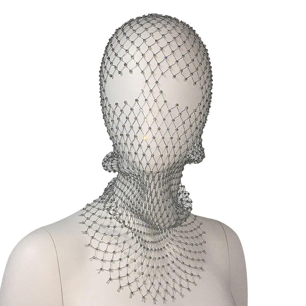 Balaclava Women Fishnet Headhood Cap Shining Diamond Headwrap Rhinestone Headcover Masked Head Mask
