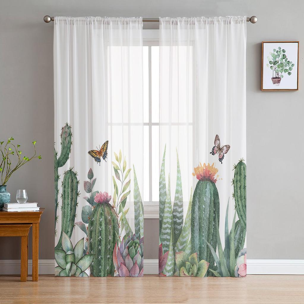 Ins Style Garden Cactus Tropical Plant Sheer Curtains for Bedroom Living Room Voile Window Curtains Tulle Curtains for Kids Room