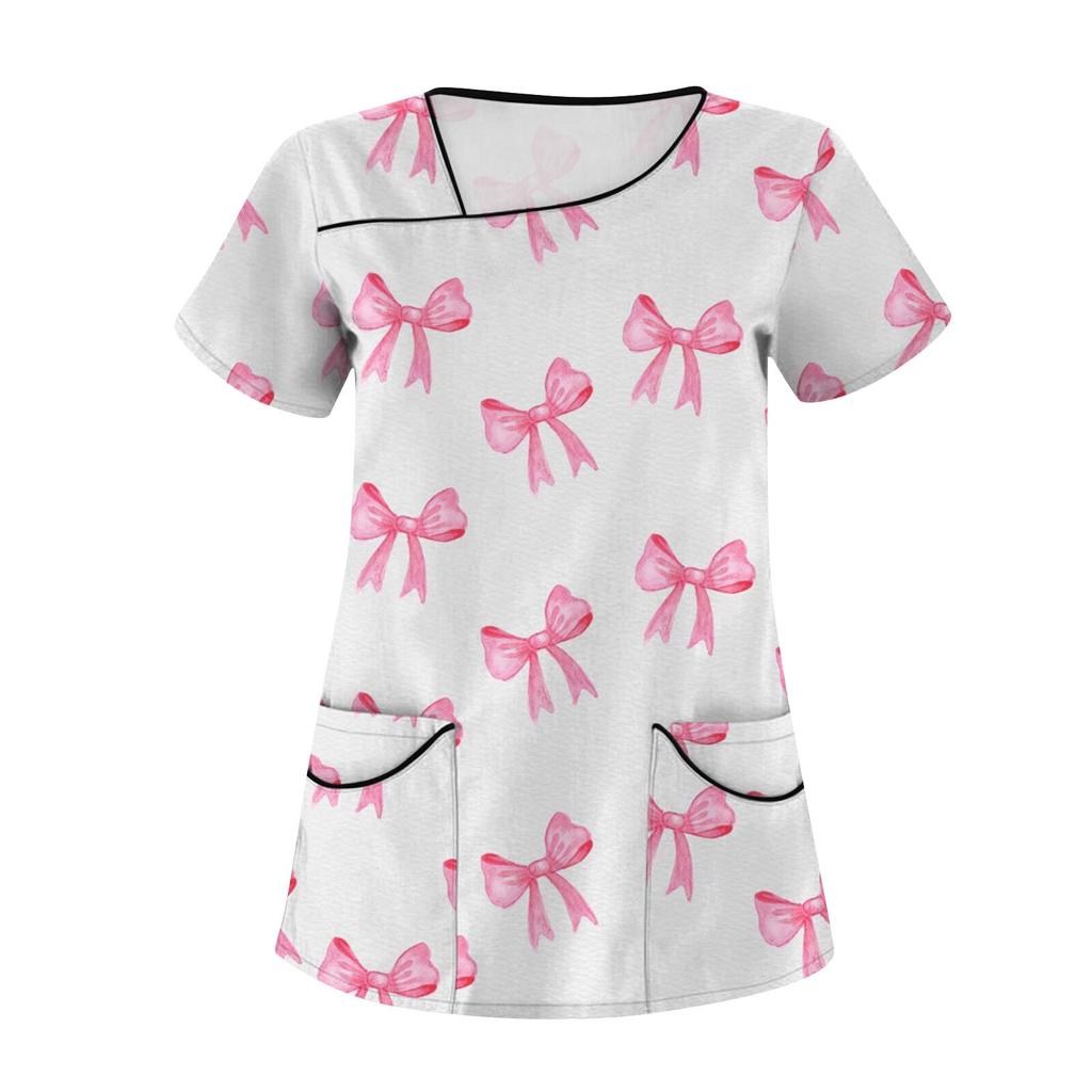 Женская мода с бантом и принтом, короткий рукав, рабочая одежда с двойными карманами