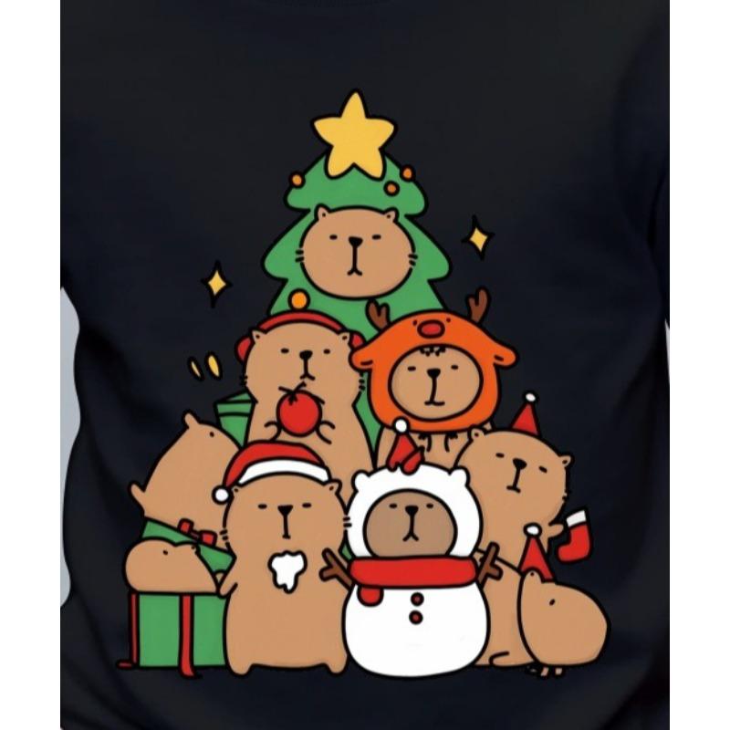 Boys Crewneck Short Sleeve T-Shirt, Cute Capybara Letter D Print Animal Theme Summer Tee