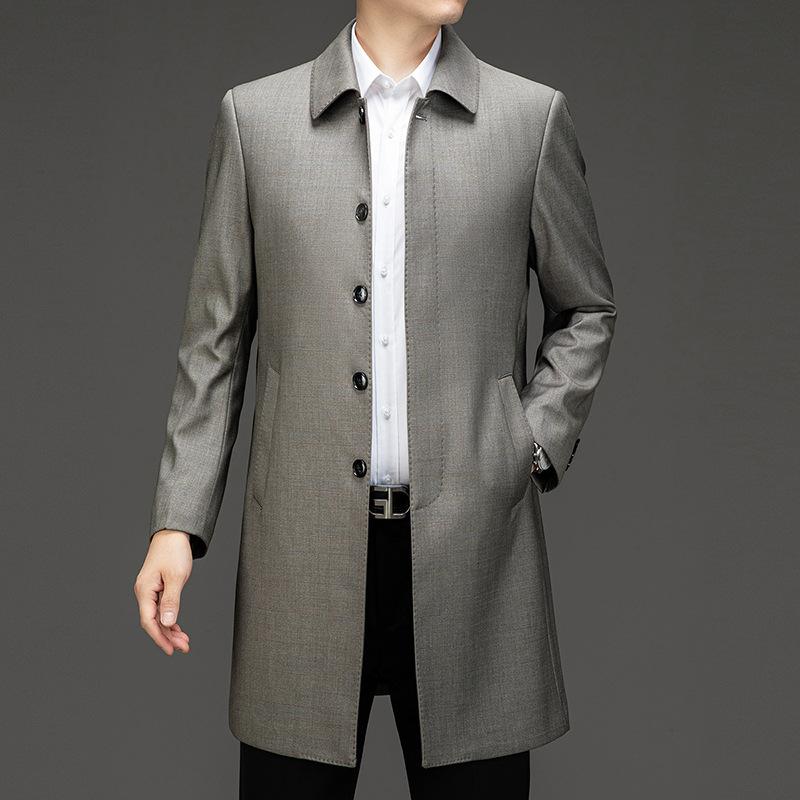 Ветровка мужская на пуговицах средней длины с лацканами из шерсти для папы, новое свободное деловое пальто на осень и зиму