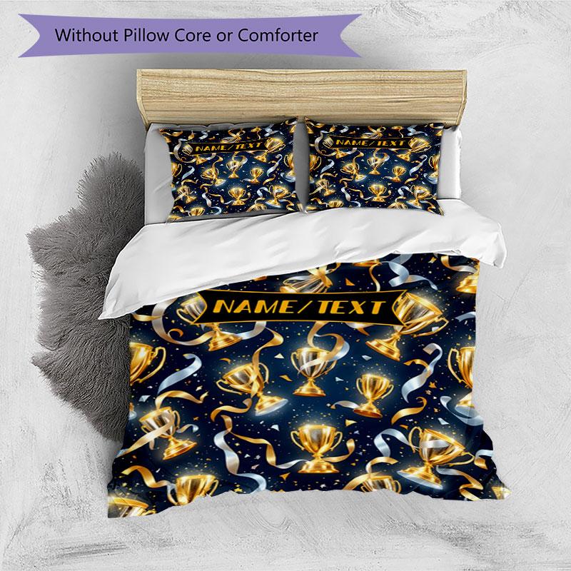 3PC Custom Name Golden Trophy Celebration Bedding Set Printed Bedding Set Duvet Cover Closure Includes 1 Duvet Cover & 174 Pillowcases for Bedroom
