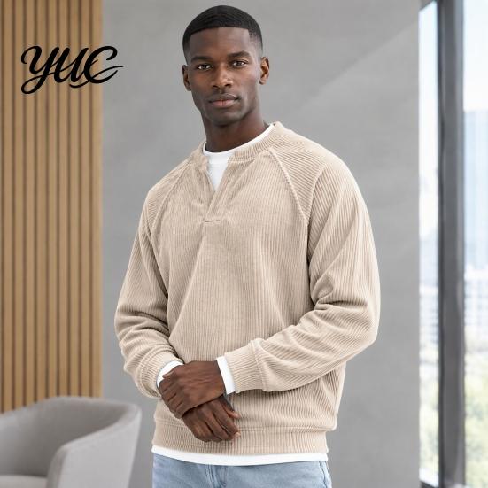 Relaxed Fit Business Casual Shirt Men Corduroy Textured Layered Tops, V Neck Raglan Long Sleeve Pullover Warm Texture Comfortable Daily Outfit