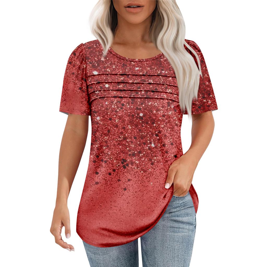 Ladies' Fashionable Printed Round Neck Pleated Short Sleeved Shirt