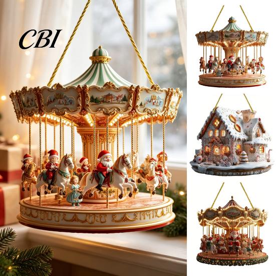 Decorative Lanyard Christmas Pendants Santa Claus Carousel/Snow Cottage Hanging Ornament, Double-Sided Customizable Holiday Party Favors Acrylic