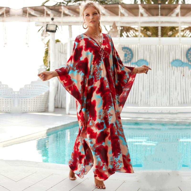 Red Tie-dye Printed Bikini Cover-up Swimsuit Robe Casual V-neck Side Slit Summer Beach Skirt Women's Beachwear Swimsuit Cover-up