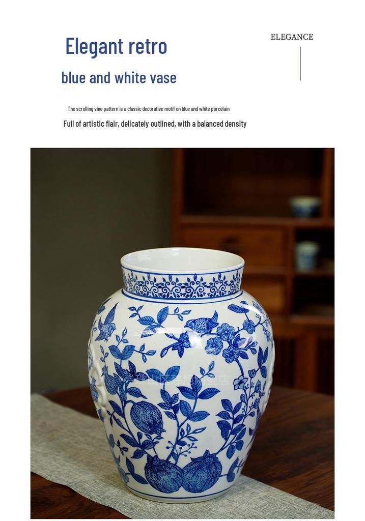 Antique Blue and White Hand-Painted Ceramic Flower Arrangement Vase