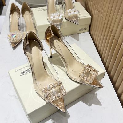 Новый стиль Прозрачный материал для сращивания Высокий каблук-шпилька с острым носком Кристалл Стразы Неглубокие туфли-лодочки Свадебные туфли на высоком каблуке