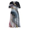Ladies Casual Fashion Gradient Print V-Neck Short Sleeve Waist Long Swing Dress