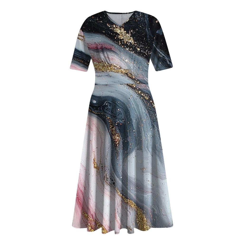 Ladies Casual Fashion Gradient Print V-Neck Short Sleeve Waist Long Swing Dress