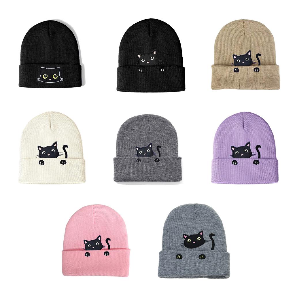 Knit Skull Hat with Embroidered Lovely Kitten Hat Knit Caps for Unisex Pullover Cartoon Hat Embroidered Skull Caps