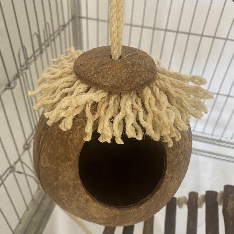 Natural Coconut Shell Parrot Nest & Swing Toy - Warm Tiger Skin Design