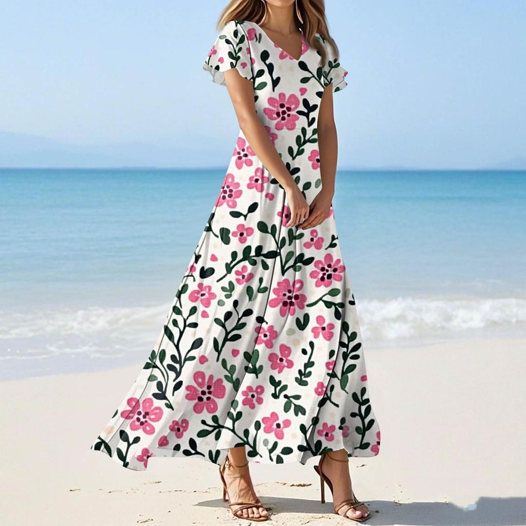 Женские летние повседневные модные платья с принтом и короткими рукавами и V-образным вырезом