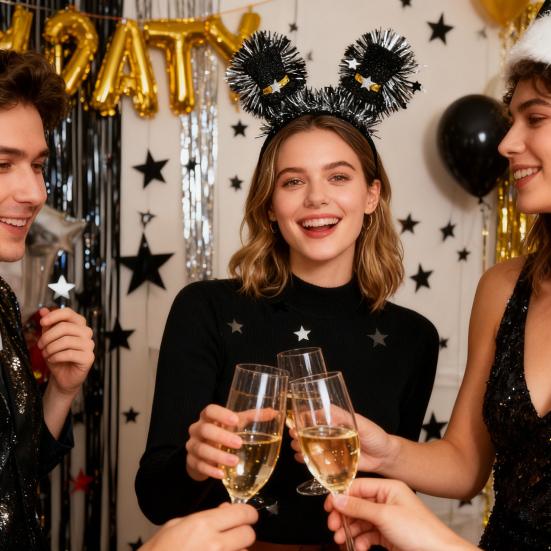 2026 New Year Headband with "Happy New Year" Letters Glitter Tinsel Hairband with Wine Glass Hat Party Headwear for Countdown Celebration