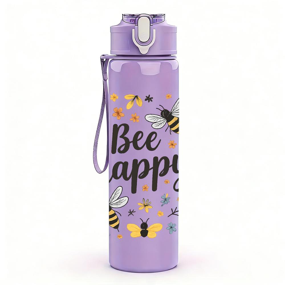 1PC Bee Happy Floral Letter 750ml Color Plastic Sports Water Bottle Leakproof Flip Straw Lid For Sports Office Home Use