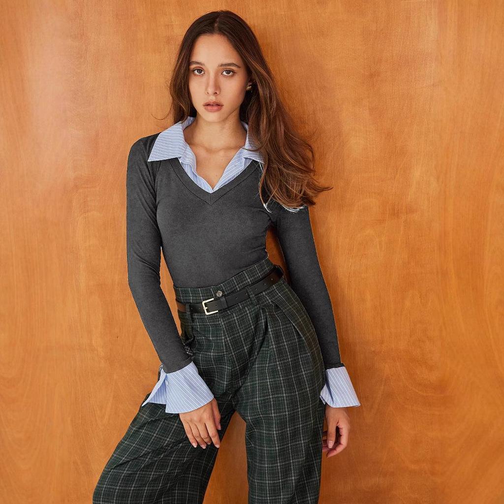 Женская модная рубашка два в одном с длинным рукавом