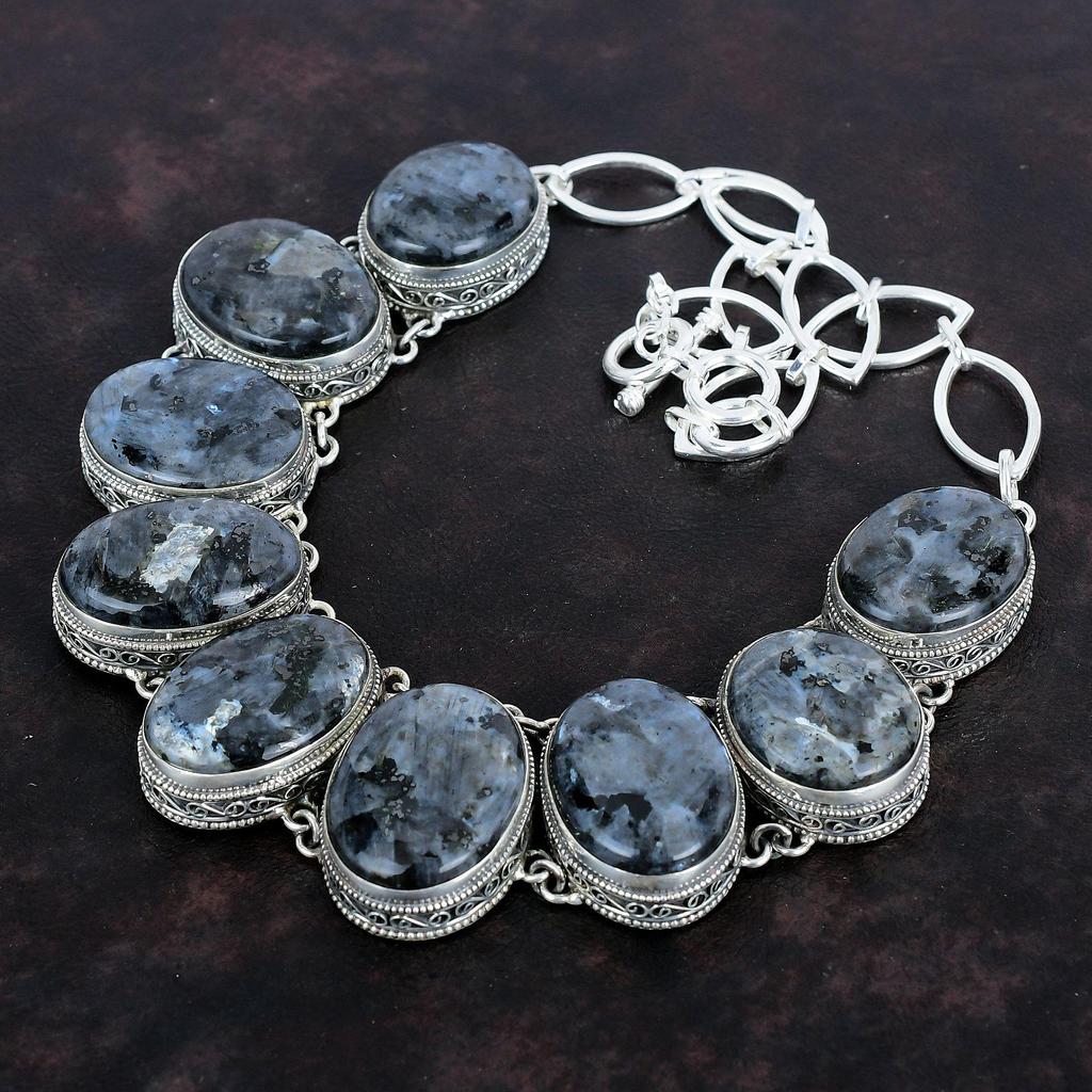 Ожерелье из ларвикита, ожерелье из стерлингового серебра 925 пробы, регулируемое ожерелье из цепочки, винтажные ювелирные изделия из драгоценных камней, приличное ожерелье ручной работы, подарок на годовщину