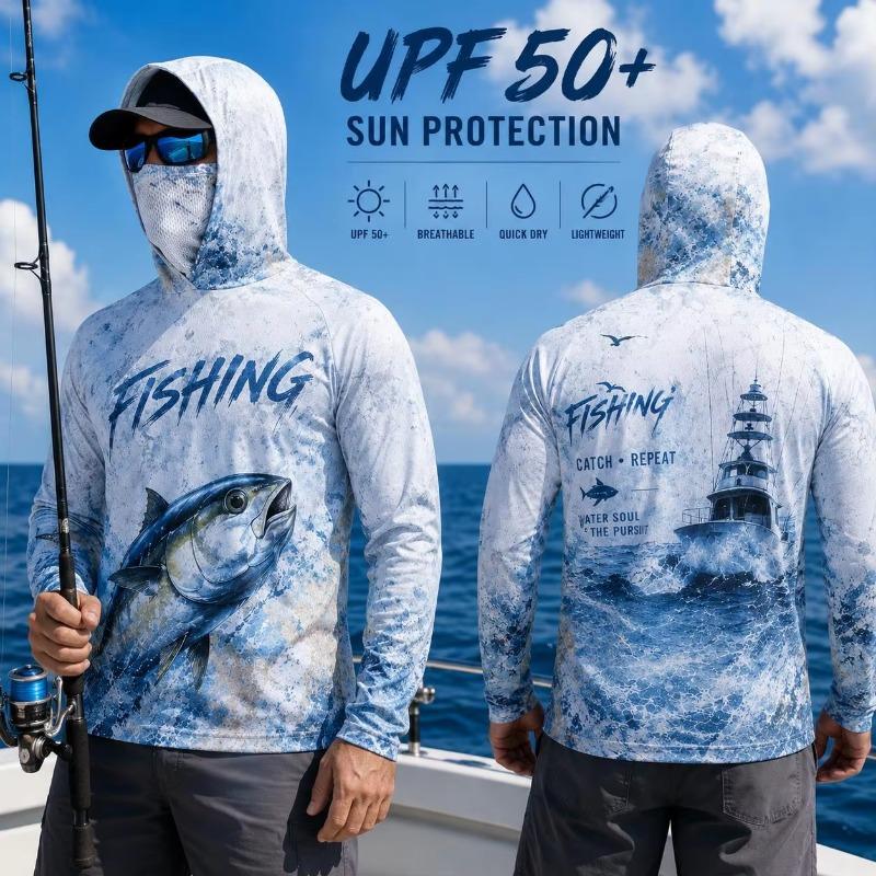Fishing Hoodie Shirt Men Long Sleeve Protection Face Mask Quick Dry Sun Shirt Performance Fishing Jersey Sailfish