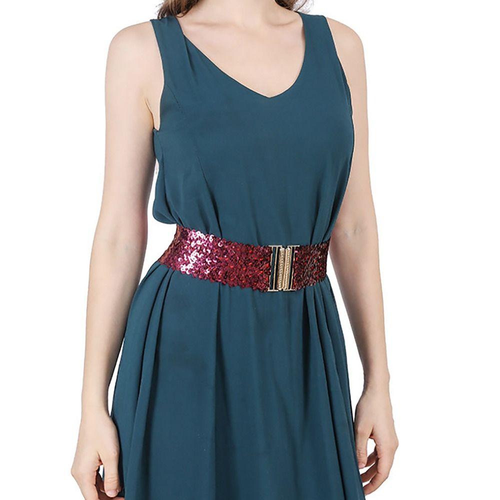 Eye Catching Shinny Waistband Gold Buckle Disc Belts Special Design Sequin Stretch Belt Women Girl